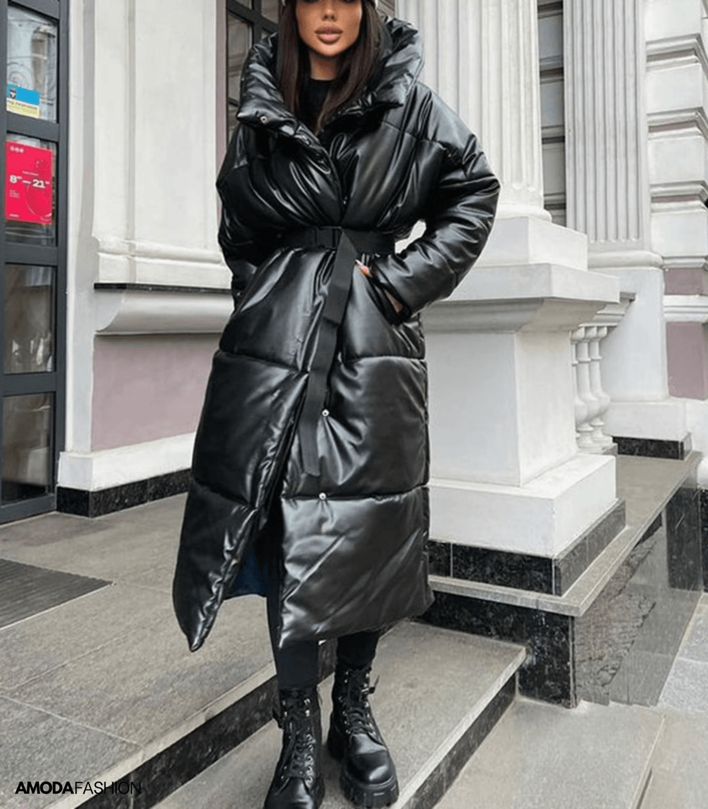 Langie | Lange Leder-Pufferjacke mit Gürtel für Damen – Stilvoll und Wärmend