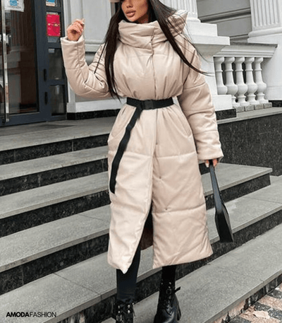 Langie | Lange Leder-Pufferjacke mit Gürtel für Damen – Stilvoll und Wärmend