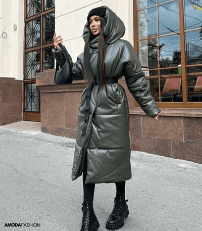 Langie | Lange Leder-Pufferjacke mit Gürtel für Damen – Stilvoll und Wärmend